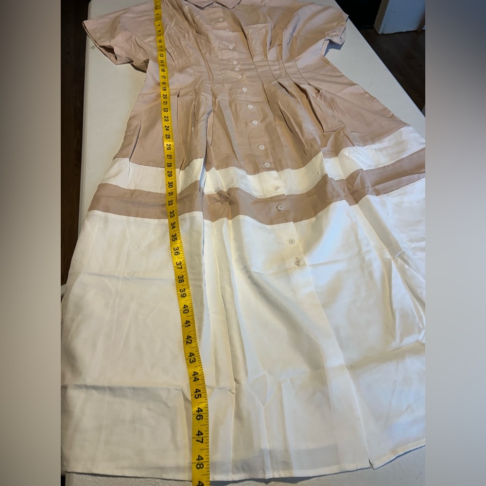 Neutral Beige & White Button-Front Maxi Shirt Dress - Picture 4 of 13
